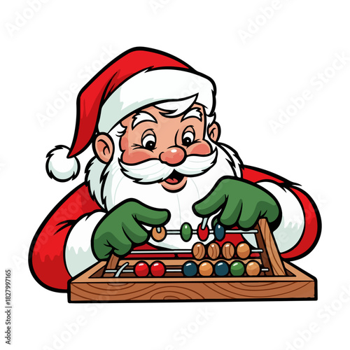Vintage Santa Claus Counting Toy Inventory on Wooden Abacus Vector Illustration