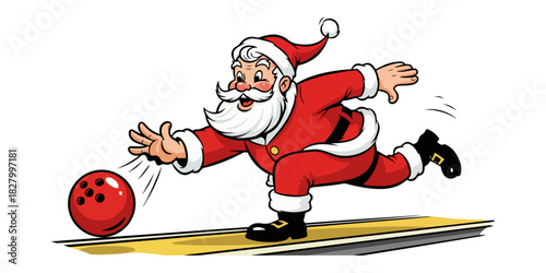 Vintage Santa Claus Bowling Cartoon Illustration in 1950s Style