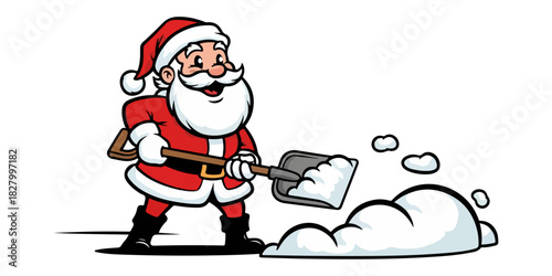 Vintage Santa Claus Clearing Snow with Shovel, 1950s Retro Cartoon Illustration