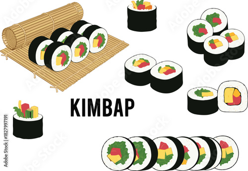 Korean Kimbap (Gimbap) Sushi Roll Vector Illustration Set with Various Vegetable Fillings and Traditional Bamboo Rolling Mat for Asian Cuisine.
