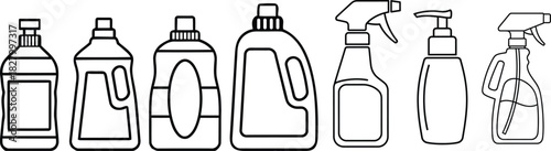“Household Cleaning Bottle Line Icons – Detergent, Spray, Soap Dispenser Outline Set”