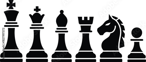Black chess pieces icon set: king, queen, bishop, rook, knight, pawn