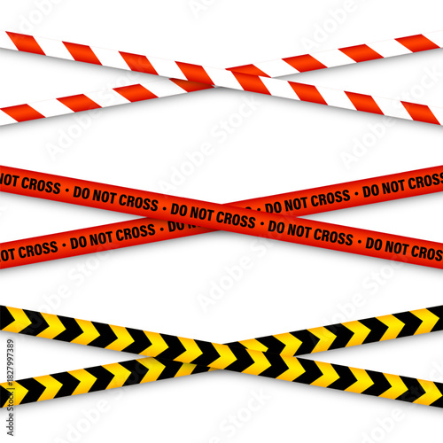 Barricade construction tape. Colorful police warning line, brightly colored danger or hazard stripe, ribbon. Restricted area, zone. Attention symbol. Vector illustration