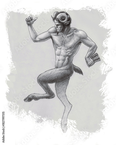 This detailed pencil drawing depicts a satyr, a creature from Greek mythology, in a lively pose, mythology fantasy art