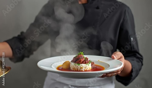 A chef in a black uniform lifts a shiny golden cloche from a plate, revealing a plated dish of food accompanied by a mound of rice, created with generative ai