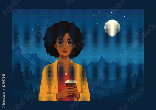 Night Halftone Woman Illustration: Full Moon, Yellow Jacket, and Coffee Cup in Dark Forest Landscape, Dot Art Vector for Digital Design