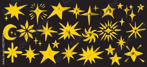 Crayon stars and moon set. Magic cosmic doodle shapes with wax pencil and chalk art elements. Hand drawn children’s sky motif with grunge texture. Vector crayon illustrations on transparent background