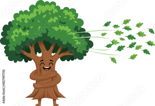 Happy cartoon tree character hugging itself with wind blowing leaves, nature conservation concept illustration for environmental awareness and eco-friendly themes.