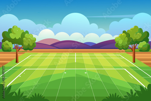 Cartoon illustration of a tennis court with trees and mountains in the background under a cloudy sky