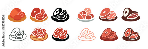 Assorted meat icons in various colors and styles on white background