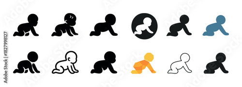Silhouette and stylized illustrations of crawling babies in various designs