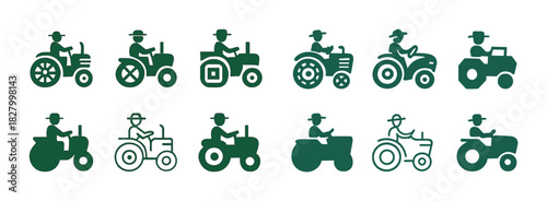 Set of green tractor icons with farmers in various styles