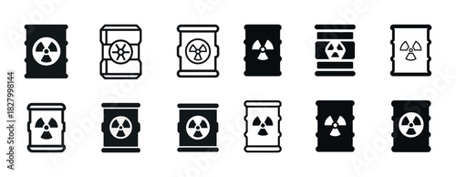 Set of radioactive waste barrel icons in black and white