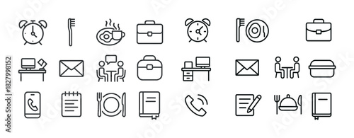 Minimalist office and dining icons collection - clock, toothbrush, briefcase, computer, meal