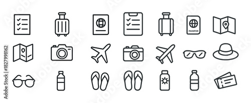 Travel essentials: icons of maps, luggage, passport, camera, sunglasses, and tickets