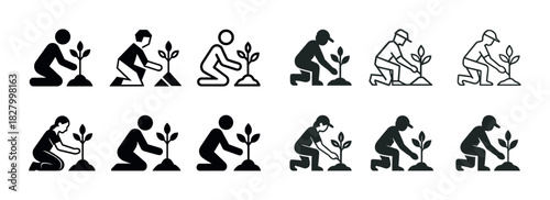 Gardening icons: diverse styles of people planting young trees
