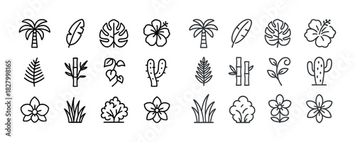 Collection of tropical plant and flower line icons with cactus and palm trees