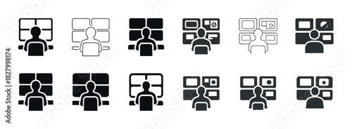 Icon set of people monitoring multiple screens in control room