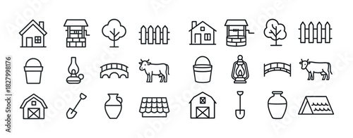 Set of farm and rural line icons: houses, trees, cow, lantern, barn, tools