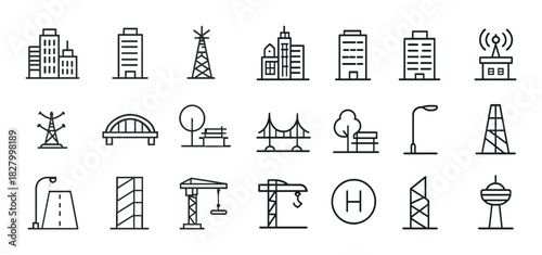 Urban infrastructure icons: skyscrapers, bridges, towers, antennas, trees, streetlights