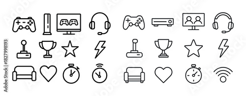 Set of gaming icons: consoles, controllers, headsets, trophies, and symbols