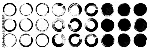 Grunge circles, brush strokes, lines, ink smudges, hand-drawn scribble shapes. Handmade sketchy marks, acrylic stains, charcoal streaks. Paint textures, dry brush effect. Vector illustration