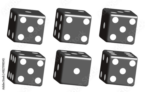 Black dice with white dots. Vector set isolated on white background. 3d dice.