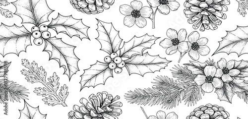 Detailed Black and White Christmas Pattern Holly, Pine Cones, and Floral Elements