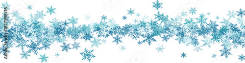 A row of delicate, icy blue snowflakes fluttering against a pristine white background. Winter charm