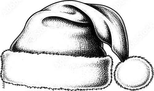 Detailed Black and White Sketch of a Festive Santa Claus Hat with a Fluffy Pom-Pom