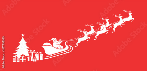 Christmas Santa Claus Sleigh Reindeer Delivery Gifts Tree Snowy Night Winter Season Festive Holiday Celebration