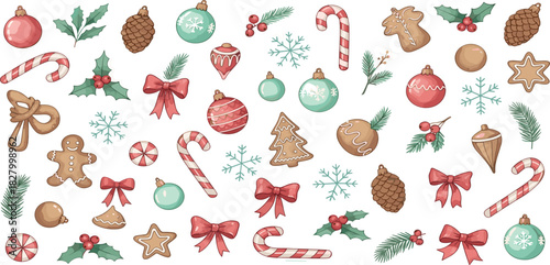 Festive Holiday Elements Christmas Decorations, Sweets, and Seasonal Embellishments Isolated on White