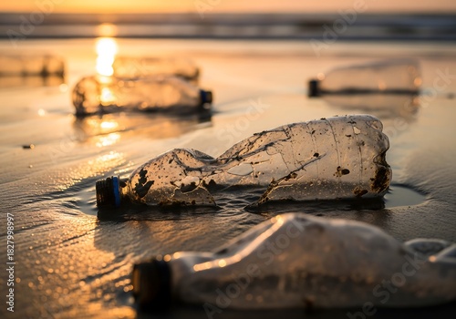 Plastic Waste Bottles on Beach Sand at Sunset -Sustainable Texture and Dirty Ecology Concept Art
