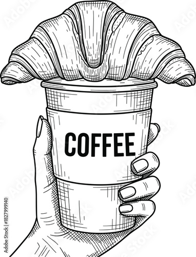 Hand-drawn black and white vintage etching illustration of a disposable coffee cup held by a hand, topped with a delicious fresh French croissant, perfect for breakfast and cafe menus.