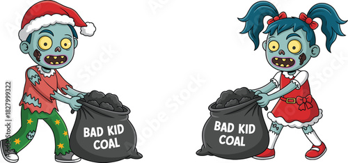Cartoon zombie boy and girl holding bad kid coal bags for naughty Christmas vector illustration design.