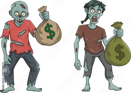 Cartoon zombie characters holding heavy money bags with dollar signs for Halloween financial vector illustration design.