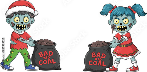 Funny cartoon zombie children with bad kid coal bags for naughty Christmas holiday vector illustration design.