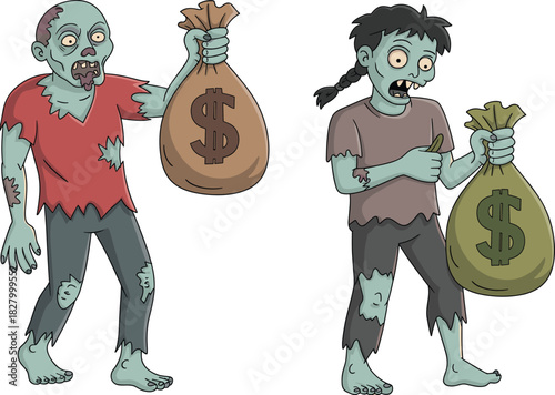 Funny cartoon zombie characters holding big money bags with dollar sign for financial Halloween vector illustration design.