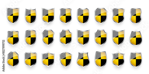 Glossy shields with yellow and black pattern. Security and protection concept. Cyber safety icons, internet privacy, web defense, digital data protection and antivirus themes. Vector illustration