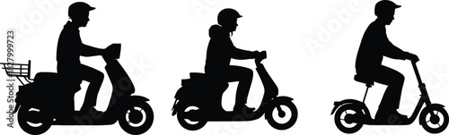 Set of black silhouettes showing people riding electric scooters and delivery mopeds wearing helmets for urban transport vector.