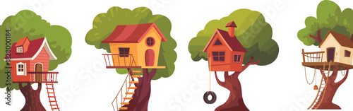 Set of cute cartoon wooden tree houses with ladders and swings for kids summer playground vector illustration.