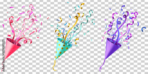 Vibrant party poppers releasing festive confetti and streamers