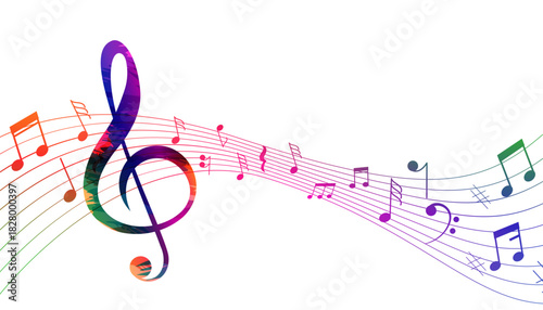 Colorful musical notes and clefs on a staff, vibrant music concept