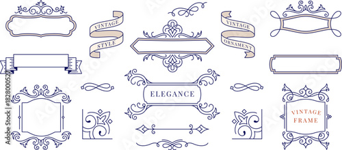 Elegant vintage frames, banners, and ornamental line art elements