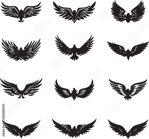 Black silhouette wings flat icon, on white background