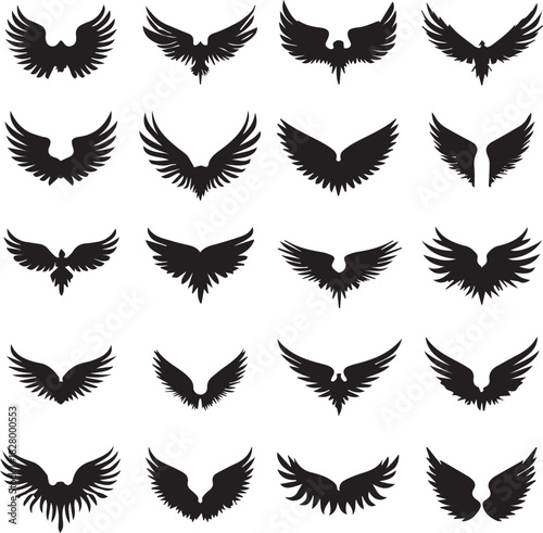 Black silhouette wings flat icon, on white background