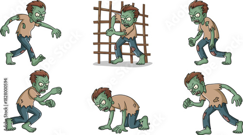 Set of scary cartoon green zombies in action poses like walking crawling and climbing for game asset vector illustration.