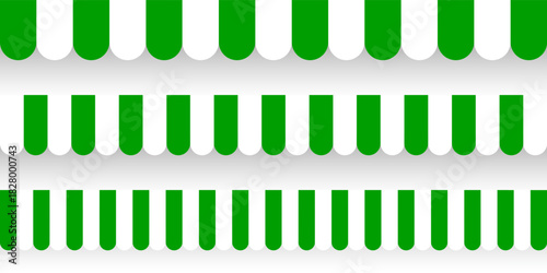 Shop sunshade. Realistic striped cafe awning. Outdoor market tent. Roof canopy. Summer street store. Vector illustration