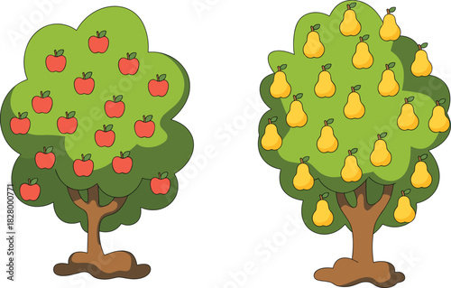 Set of two cartoon fruit trees including red apple tree and yellow pear tree for garden nature vector illustration.