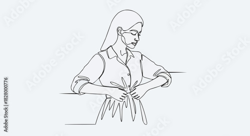 Continuous line drawing of a woman tying her apron, preparing to cook or work.